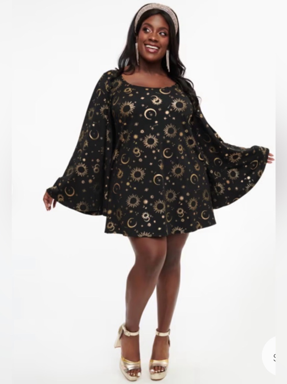 Smak Parlour 1960s Plus Size Black & Gold Celestial Print Mini Dress